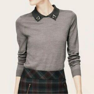 ANN TAYLOR LOFT Embellished Collar Sweater Gray Grey Jeweled Collared Preppy S